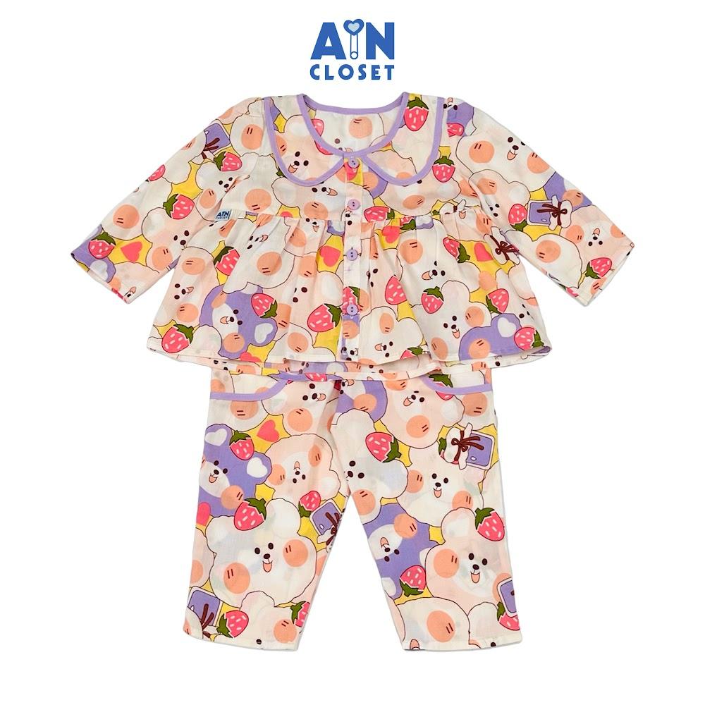 Bộ quần áo Dài bé gái hoạ tiết Gấu Tím Dâu Lanh lụa - AICDBGGWB3N9 - AIN Closet