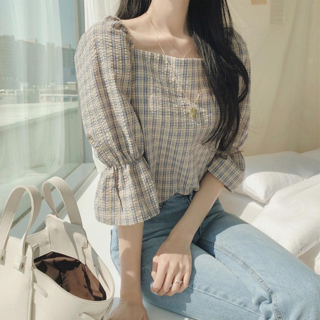 MS259 Áo kiểu nữ cổ vuông kẻ caro tay lỡ Hàn Quốc