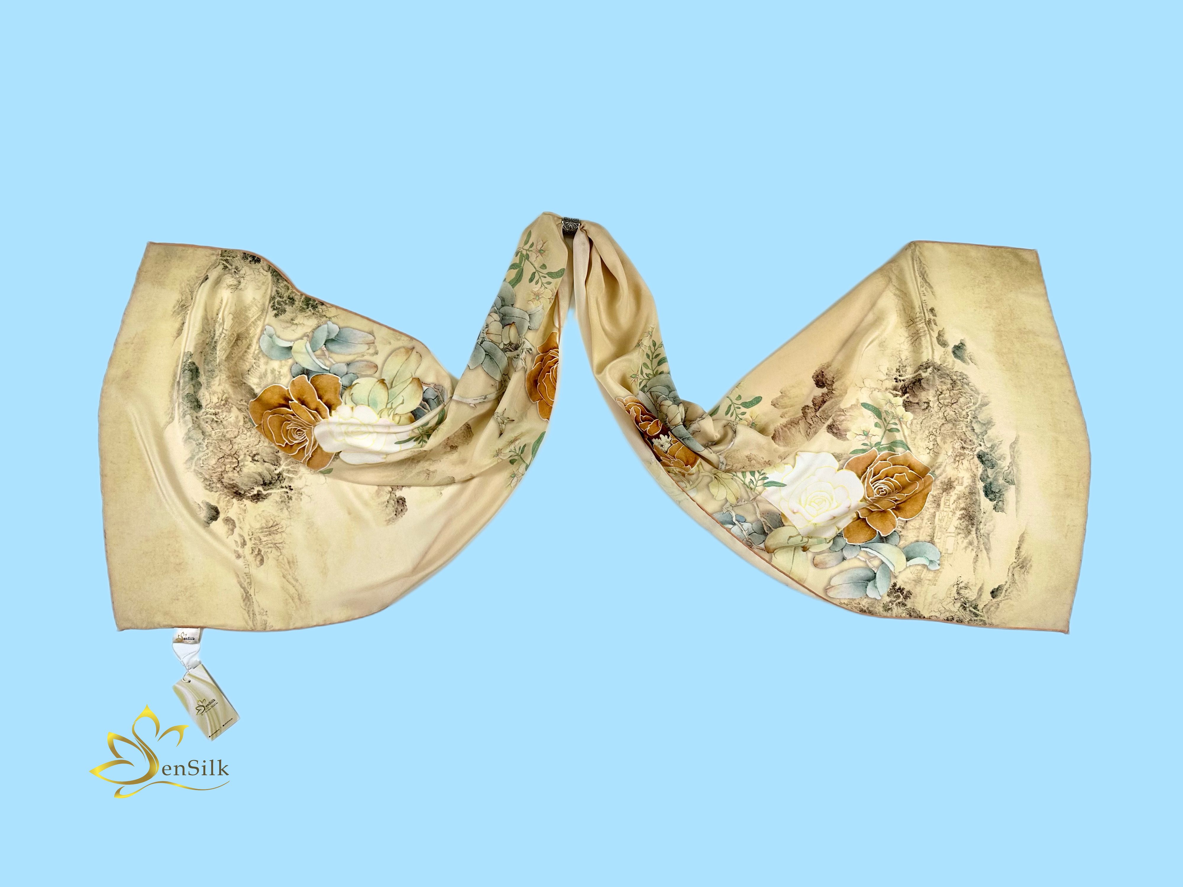 Khăn Lụa Cao Cấp in Kỹ Thuật Số Sen Silk KLDI02 Rose - Printed Silk Scarves - Quà Tặng Khách Nước Ngoài