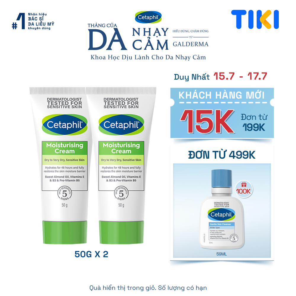 Combo 2 Kem dưỡng ẩm dịu lành cho da nhạy cảm CETAPHIL MOISTURISING CREAM 50G