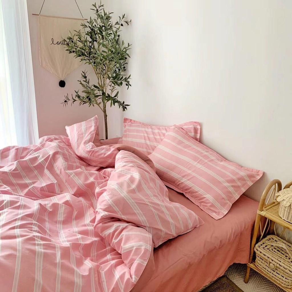 Bộ chăn ga Cotton Poly Hồng kẻ ngang Mẫu mới - Hàng nhập khẩu