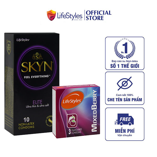 Combo Vừa Mỏng Vừa Thơm - Bao cao su Skyn Elite Non-latex 10 bao + 1 Bao cao su LifeStyles Mixed Berry 3 bao