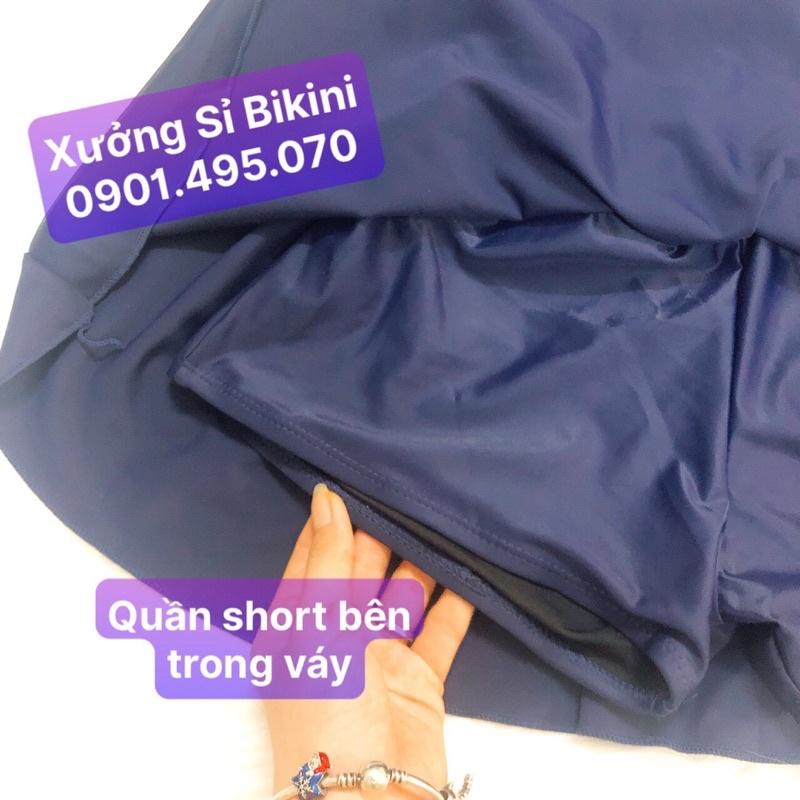 Bikini nữ Đồ bơi nữ liền mảnh váy xòe nhún bụng màu xanh đen viền ngực trắng kín đáo 2022