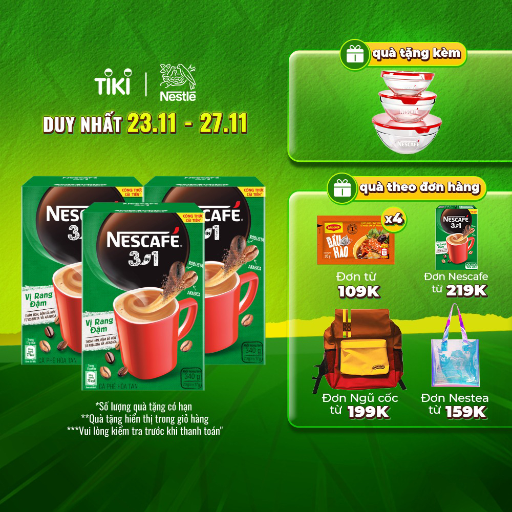 [Quà tặng tháng 11 - Mua 1 Tặng 1 Bộ 3 Thố thủy tinh] Combo 3 hộp cà phê NESCAFÉ 3IN1 VỊ RANG ĐẬM - công thức cải tiến (Hộp 20 gói x 16g)