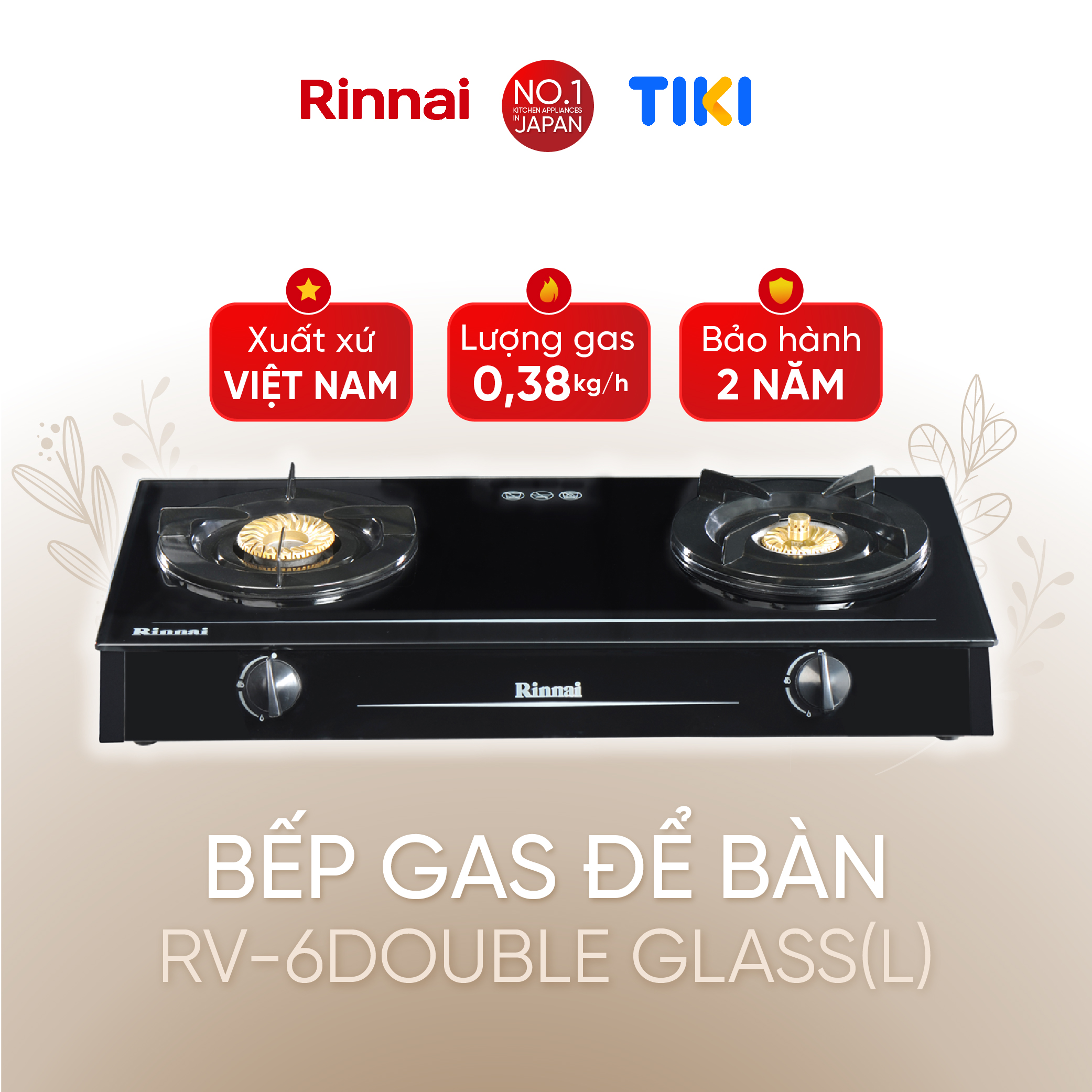 Bếp gas dương Rinnai RV-6Double Glass (Sp) mặt bếp kính và kiềng bếp men - Hàng chính hãng