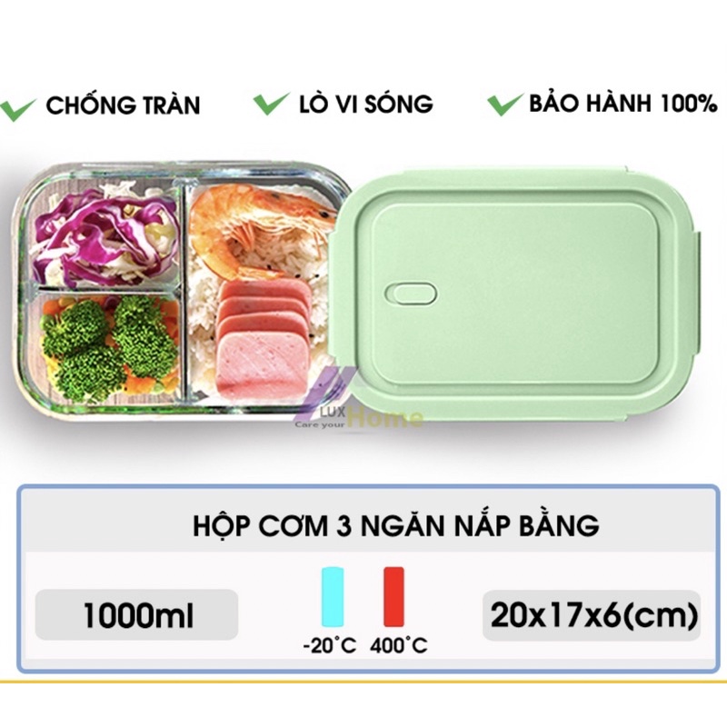 Hộp Cơm Thủy Tinh 3 Ngăn 1050 ml + Thố Canh Thủy Tinh tròn 600ml phong cách Nhật Bản cực kì tiện lợi