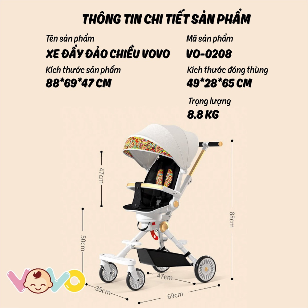 Xe Đẩy Đảo Chiều VoVo Thời Trang Cao Cấp 0208