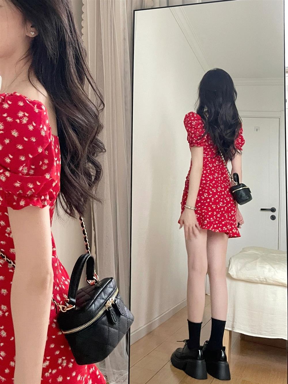 DONGSHOP Ngọt ngào cay gió Pháp cổ vuông một chữ vai đỏ hoa bong bóng tay áo đầm mùa hè nhỏ bé mông váy ngắn