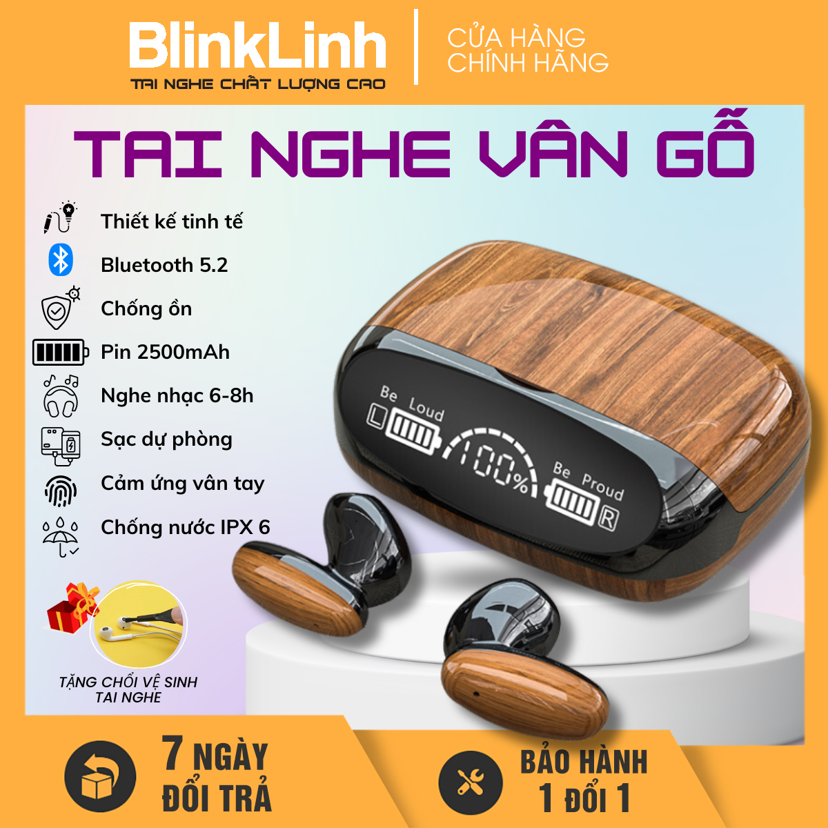 Tai Nghe Bluetooth Không Dây Vân Gỗ Cổ Điển, Sang Trọng, Có Sạc dự phòng, Chống nước, Khử Ồn hiệu quả, Âm thanh Hifi, Siêu bass, Cảm Biến Vân Tay 1 chạm, Thiết kế công thái học,Thoải mái vận động, Tặng Kèm 1 Chổi Vệ Sinh
