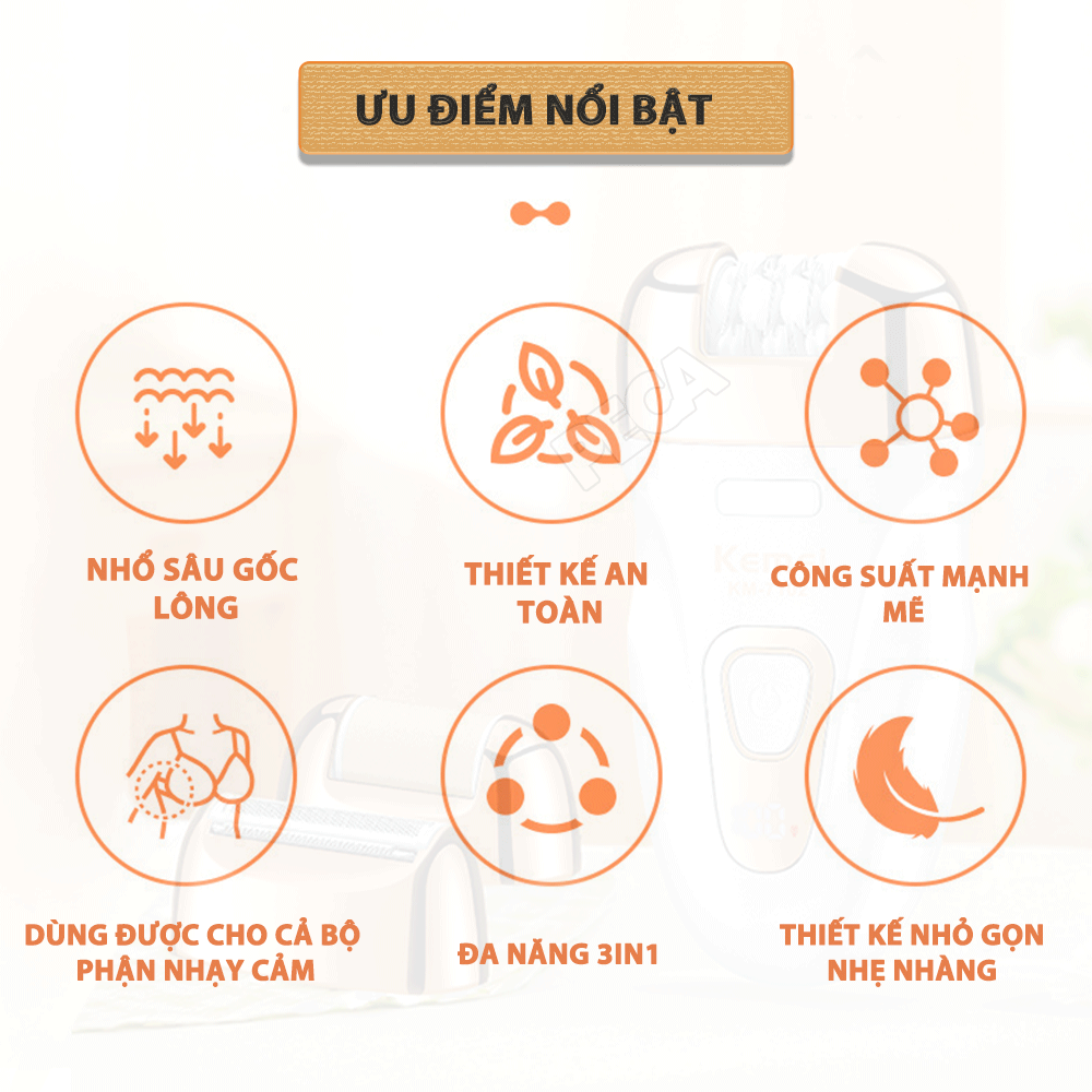 Máy tẩy lông đa năng 3in1 Kemei KM-7102 gồm 3 đầu thay thế chuyên dụng nhổ lông, cạo lông, chà gót chân sử dụng toàn thân - Chính hãng