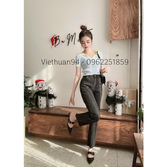 Quần jeans nữ ống đứng cạp cao túi trước có giãn kiểu dáng Hàn Quốc