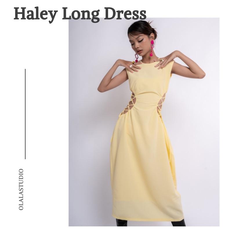 OLALASTUDIO Đầm maxi màu vàng chanh hở eo có độn vai Haley Long Dress