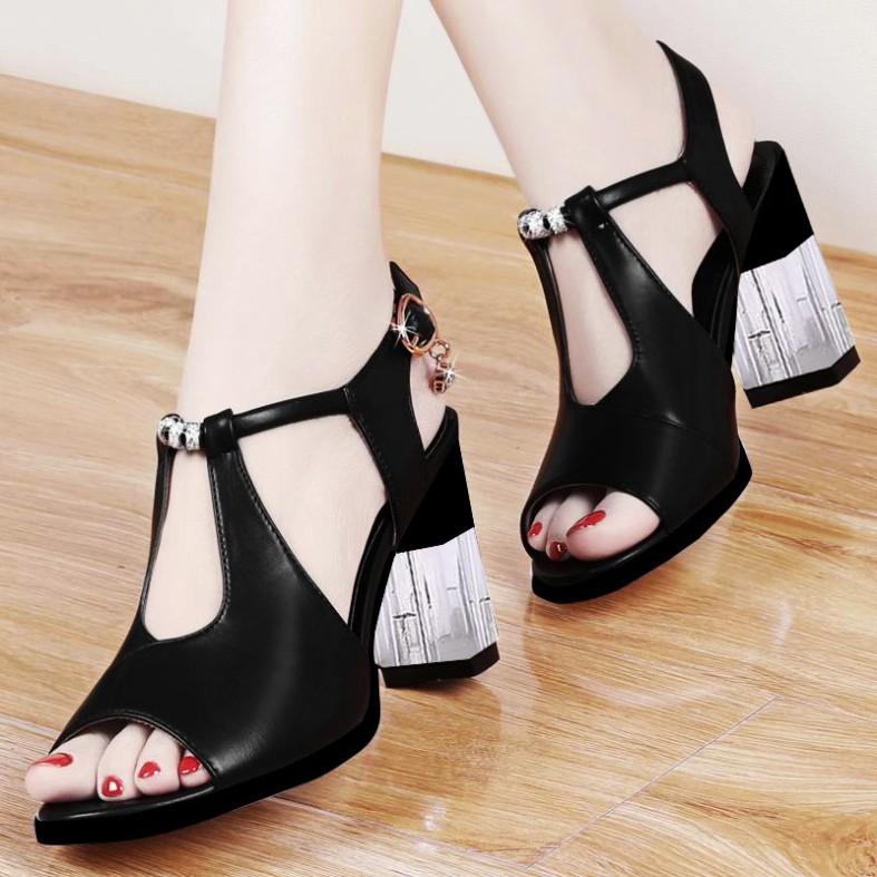 Giày sandal cao gót da mềm gót trụ mica trong suốt - CG71