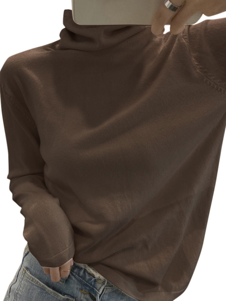 Fashion Winter Women Sweater Knitwear High Neck Long Sleeves Solid Ribbed Knitted Pullover Tops