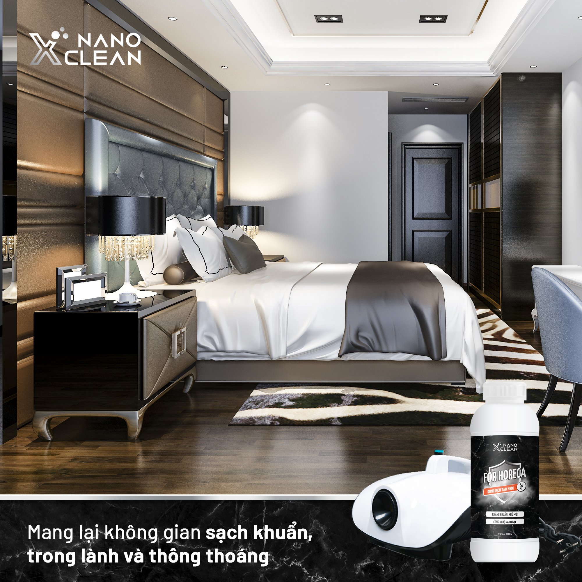 Dung dịch tạo khói, phun khói nano bạc Nano Xclean For Horeca - Khử Mùi Không Gian Nhà Ở, Nhà Hàng, Khách Sạn 1L