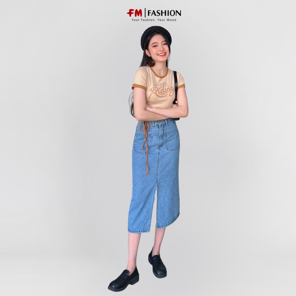Chân váy jean nữ Fm Style kiểu dáng Midi Jean lưng cao dáng thiết kế xẻ trước thời trang Hàn Quốc 23020818