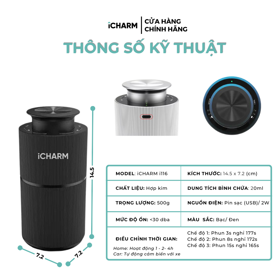 Máy xông tinh dầu, khuếch tán tạo mùi thơm ô tô, phòng ngủ, nhà vệ sinh i116 iCHARM