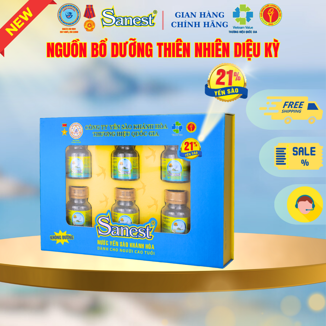 NEW [ Hộp 6 lọ quà tặng ] Nước yến Sào Khánh Hòa Sanest Người Cao Tuổi - Không đường