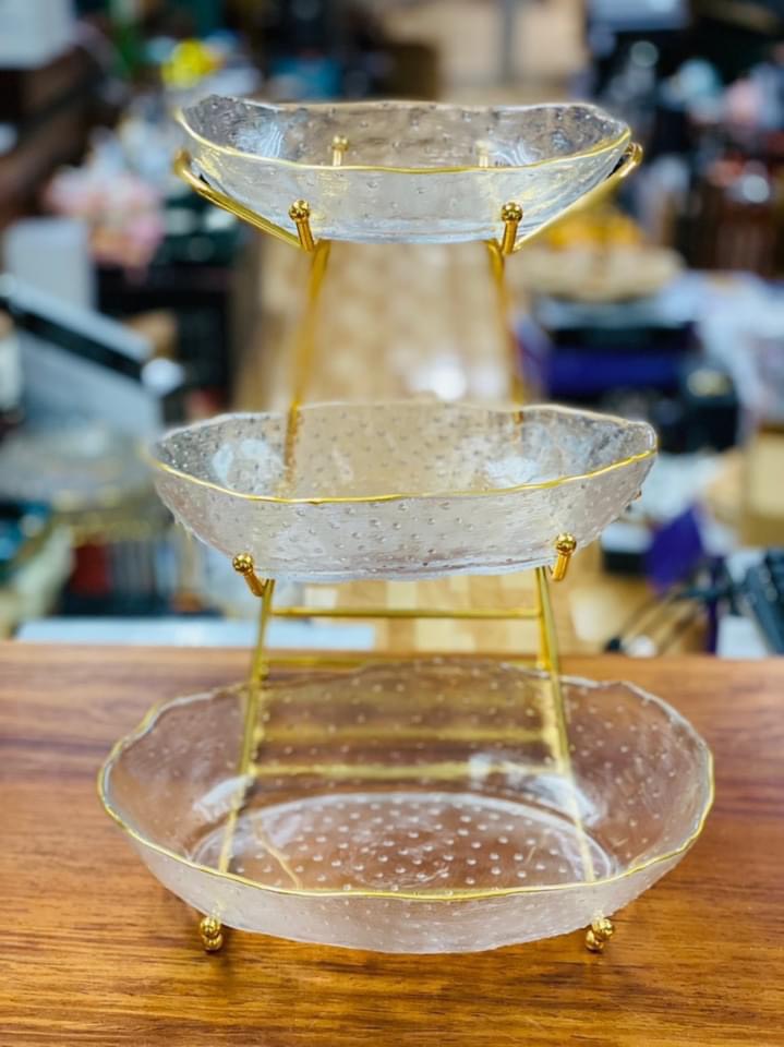 KHAY ĐỰNG SALAD BÁNH KẸO HOA QUẢ THỦY TINH 3 TẦNG KHUNG KIM LOẠI MẠ VÀNG SANG TRỌNG - VD187
