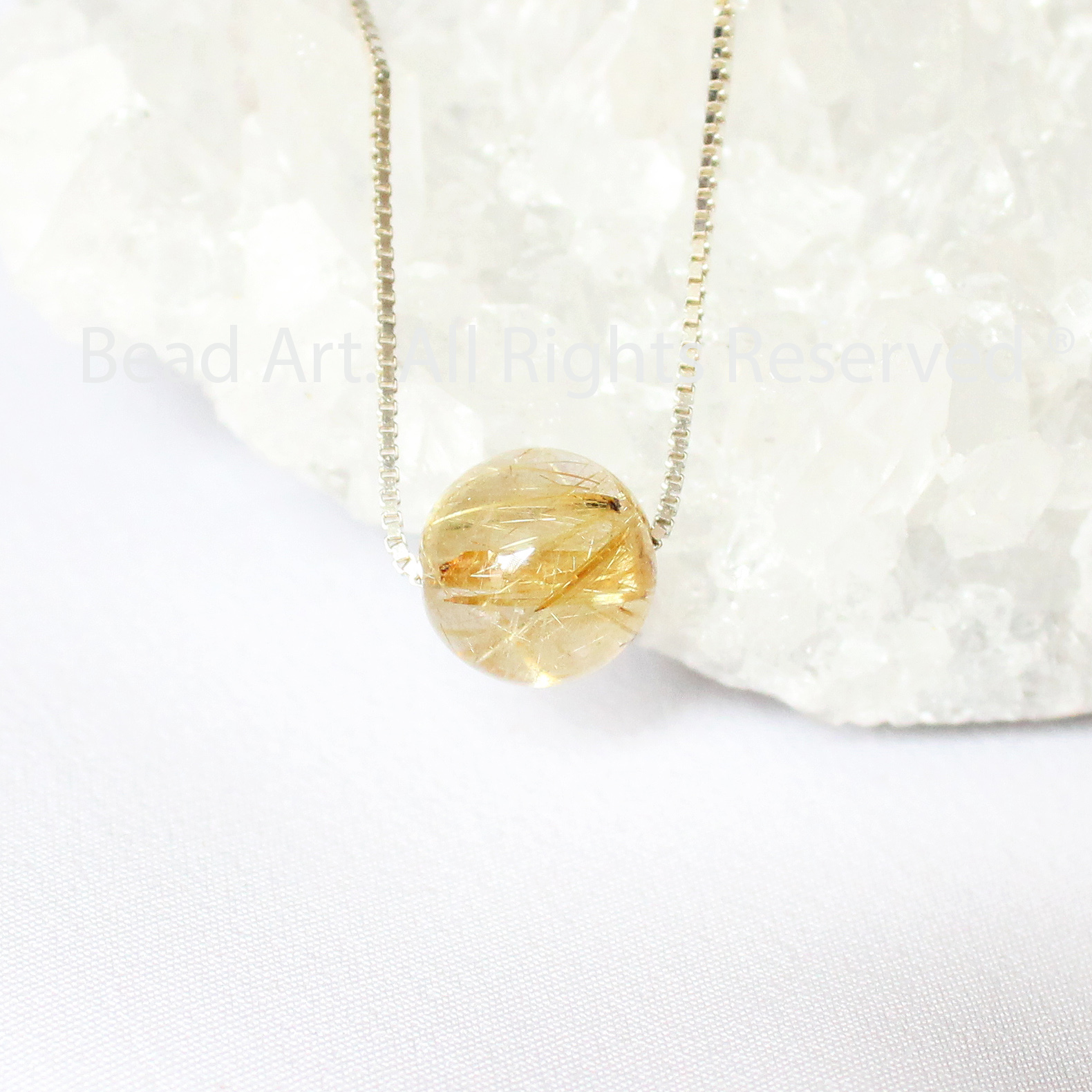 Dây Chuyền 9MM Thạch Anh Tóc Vàng Tự Nhiên, Golden Rutilated Quartz Và Bạc 925, Thổ, Kim, Vòng Cổ, Đá Phong Thuỷ - Bead Art