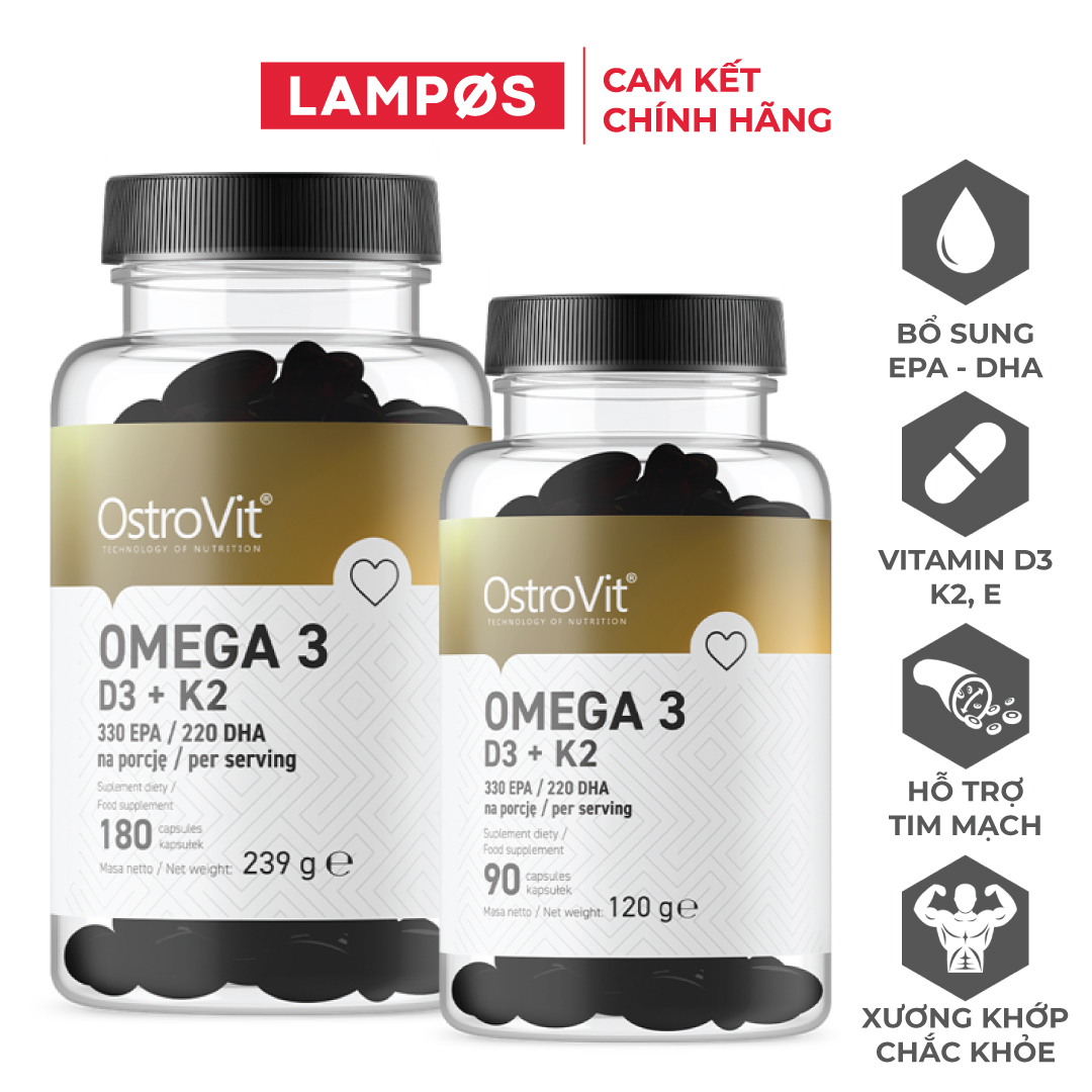 Viên Uống Dầu Cá OstroVit Omega 3, D3+K2, Vitamin E, Hỗ Trợ Hệ Tim Mạch, Não Bộ, Giúp Xương Chắc Khỏe (90 | 180 viên)