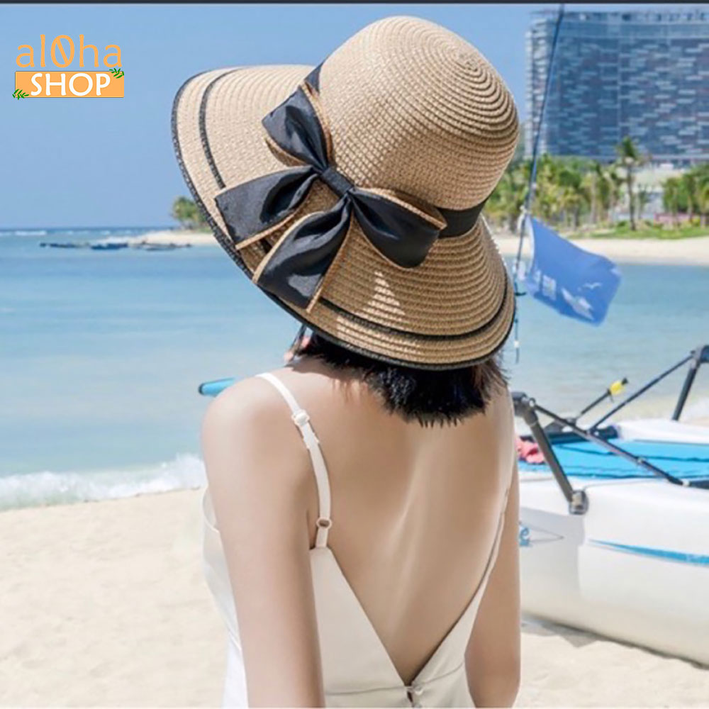 Nón cói vành rộng cụp viền đen - mũ cói mềm thắt nơ chống nắng, đi biển - al0ha Shop