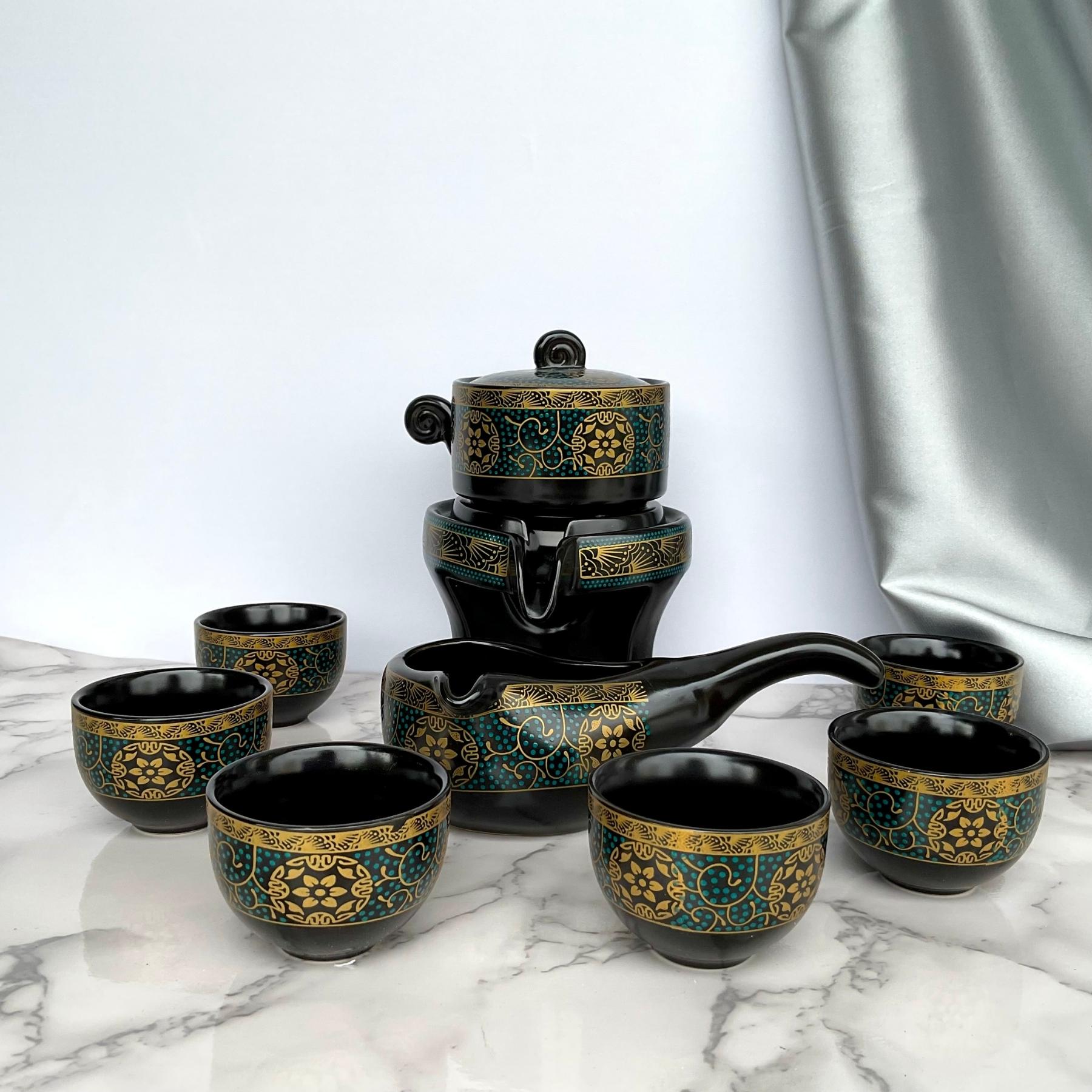 Bộ Ấm Chén Pha Trà Cối Xay - Xanh Đen Phong Cách Trà Đạo Men Sứ Cao Cấp , Bộ ấm chén trà đạo uống trà đẹp cao cấp