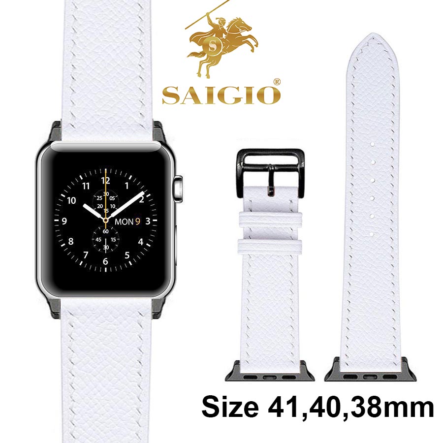 Dây Đồng Hồ Apple Watch 41mm 40mm 38mm, Chất Liệu Da Bê EPSOM Thảo Mộc Cao Cấp, Nhập Khẩu Từ Châu Âu, Dây Đeo Phong Cách Hiện Đại và Sang Trọng, Tương Thích Các Phiên Bản Series 8/7/6/5/4/3/2/1/SE/SE2 - Trắng - ADAPTER ĐEN