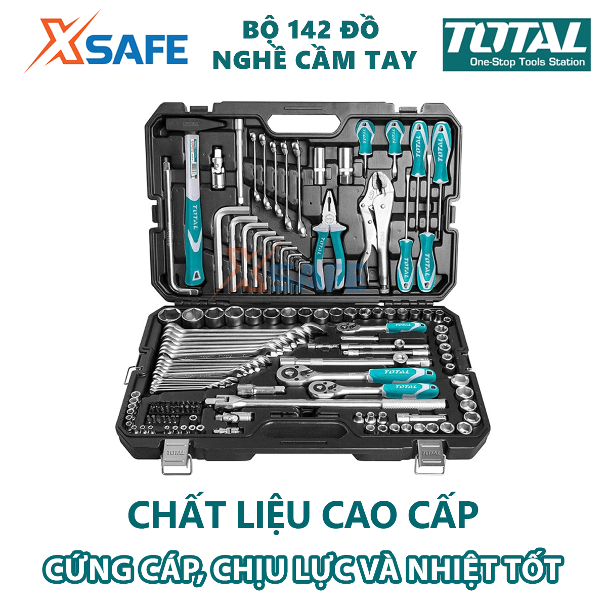 Bộ đồ nghề cầm tay 142 chi tiết TOTAL THKTHP21426 gồm 142 dụng cụ cầm tay thước cuộn, tua vít, khung cưa, kìm, cờ lê,...