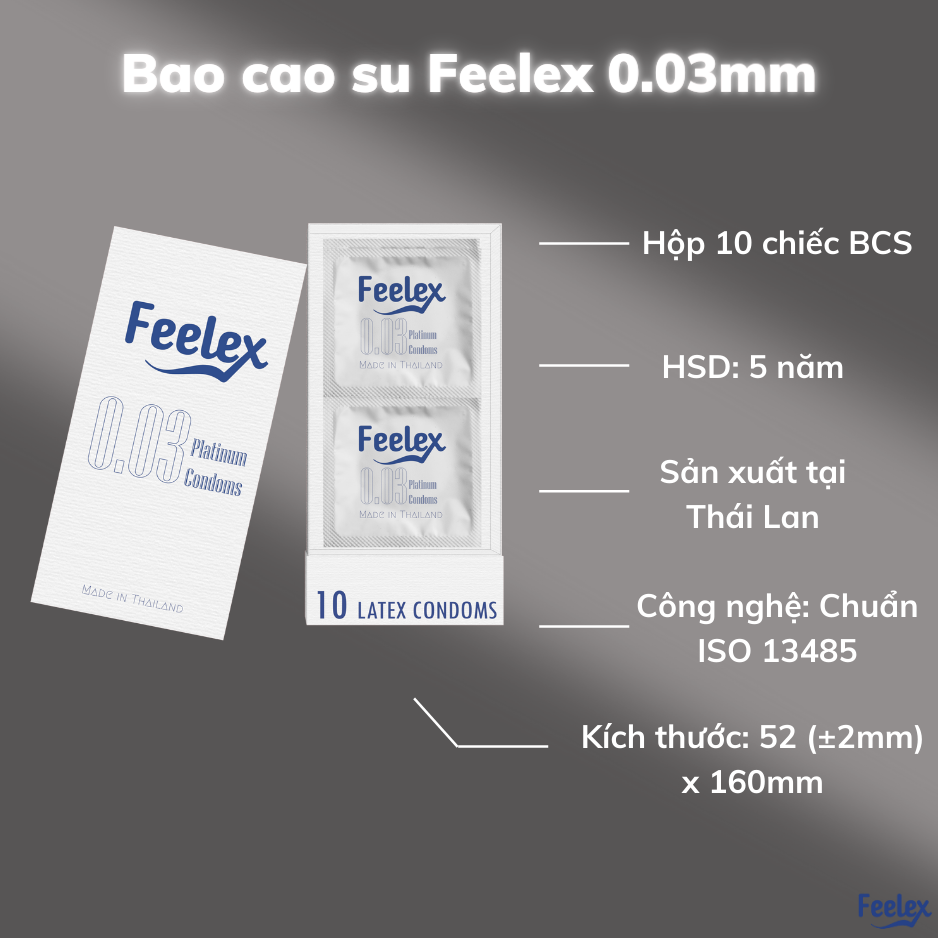 Bao cao su Feelex 0.03 Platinum, siêu mỏng, nhiều gel bôi trơn, xuất xứ Thái Lan