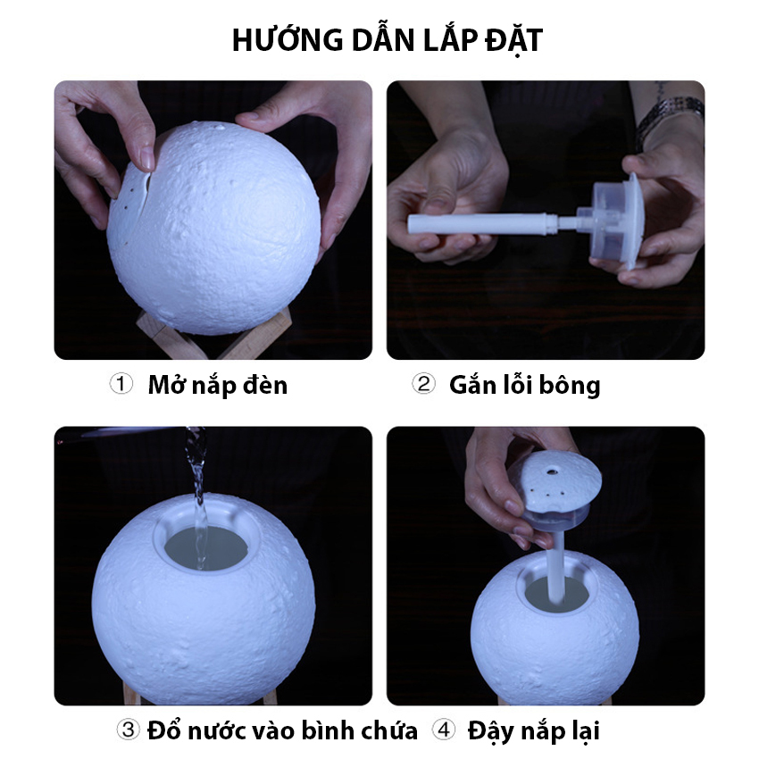 Máy xông tinh dầu phòng ngủ mặt trăng 3D phun sương tạo ẩm, đèn ngủ mặt trăng 3 màu tặng đế gỗ, cáp sạc