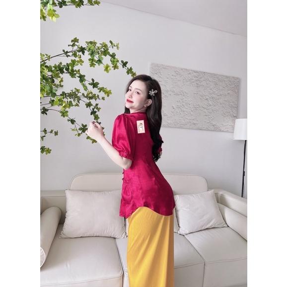 Đồ Bộ Mặc Nhà Nữ - Bộ Gấm cao cấp nút bọc, Quần suông, Freesize 40-60kg, tuỳ chiều cao - HÌNH SÀN CHỤP THẬT