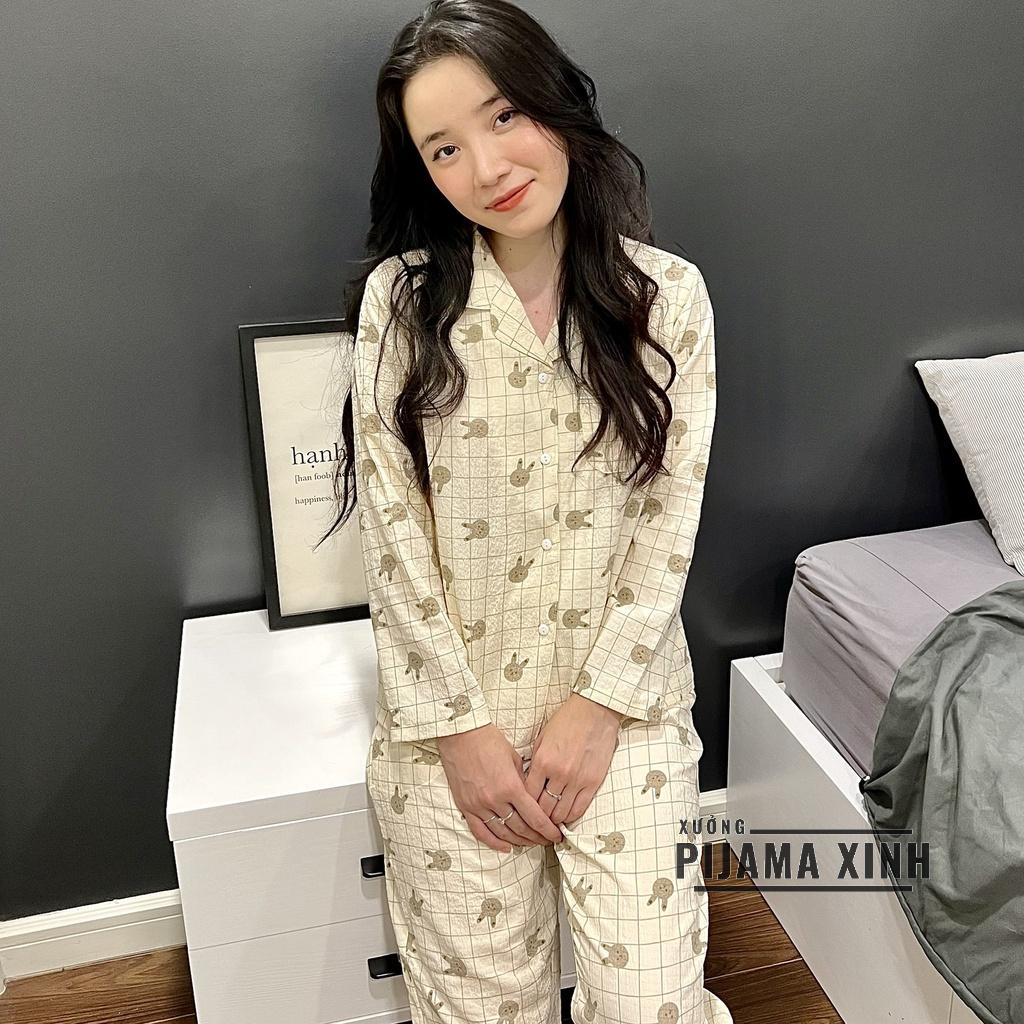 Bộ ngủ pijama mặc nhà dài tay họa tiếtThỏ kẻ chất đũi xốp thoáng mát thấm hút mồ hôi