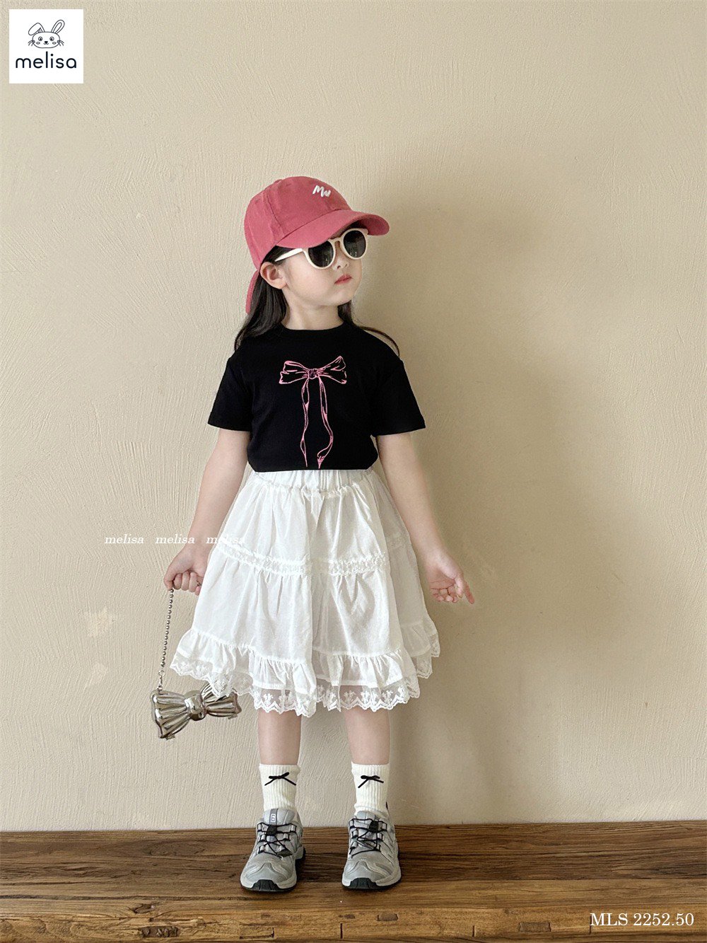 [Từ 1 đến 12 tuổi] Sét áo cotton đen in nơ 3D mix chân váy (kèm quần) chất thô cotton dệt bé gái đến 45kg