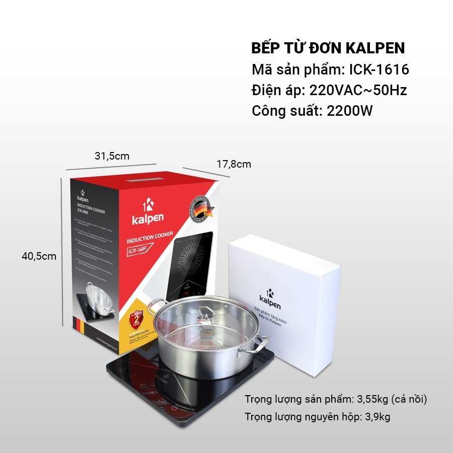 Bếp từ đơn cao cấp Kalpen ICK-1616 công suất 2200W tặng Nồi Inox 28cm -Hàng chính hãng