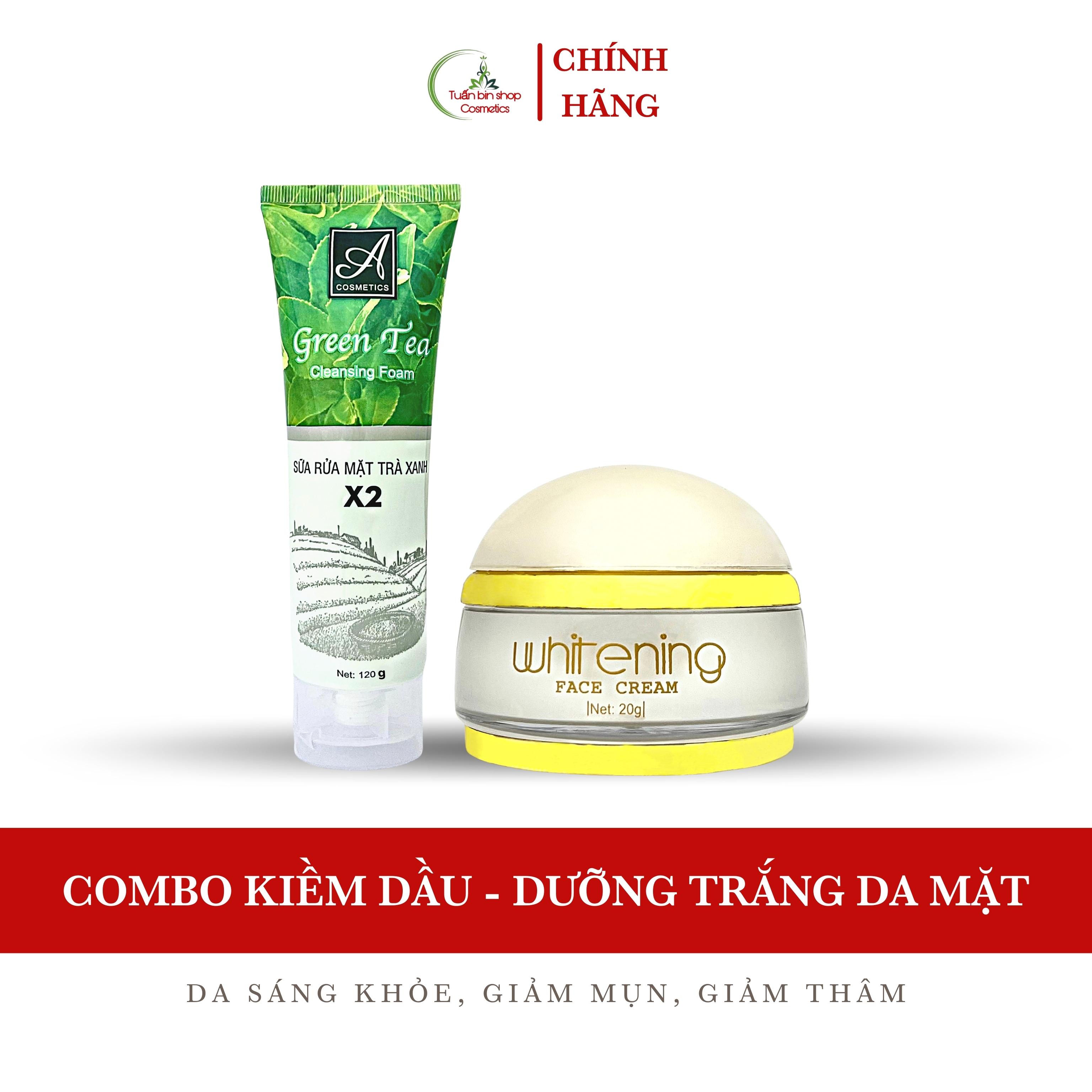 Combo dưỡng trắng da mặt, kiềm dầu, sáng da Acosmetics, kem face pháp, sữa rửa mặt trà xanh x2 140g