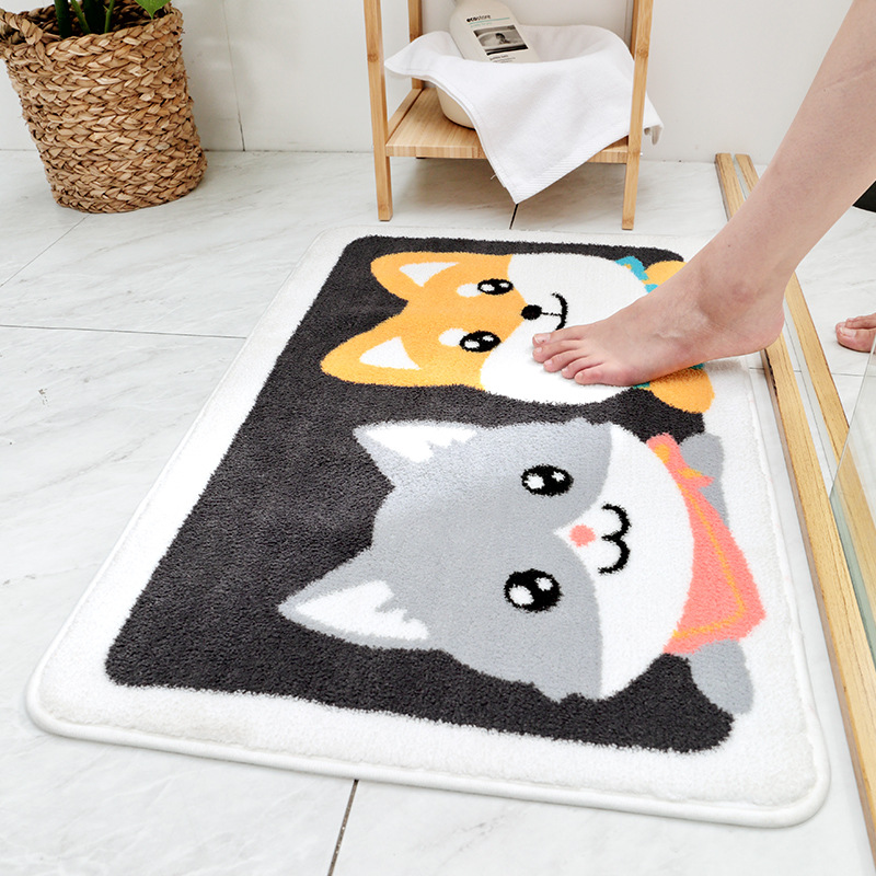 Thảm Lau Chân Lông Xù Chống Trượt Hình Shiba Và Husky 45x65cm