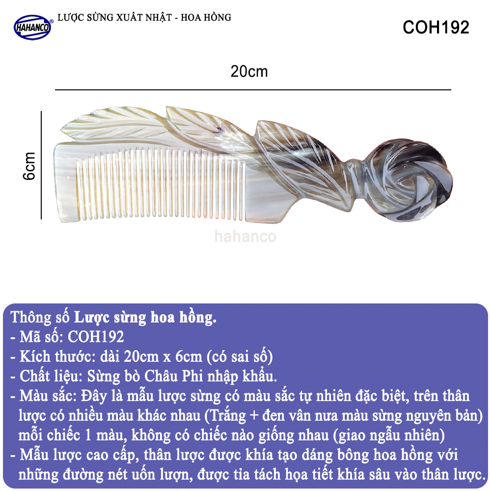 Lược Sừng Vân Nưa Hoạ Tiết Hoa Hồng (Size:XL-20cm) biểu tượng của tình yêu, làm quà tặng rất ý nghĩa, Mẫu Cao Cấp Siêu Đẹp - COH192