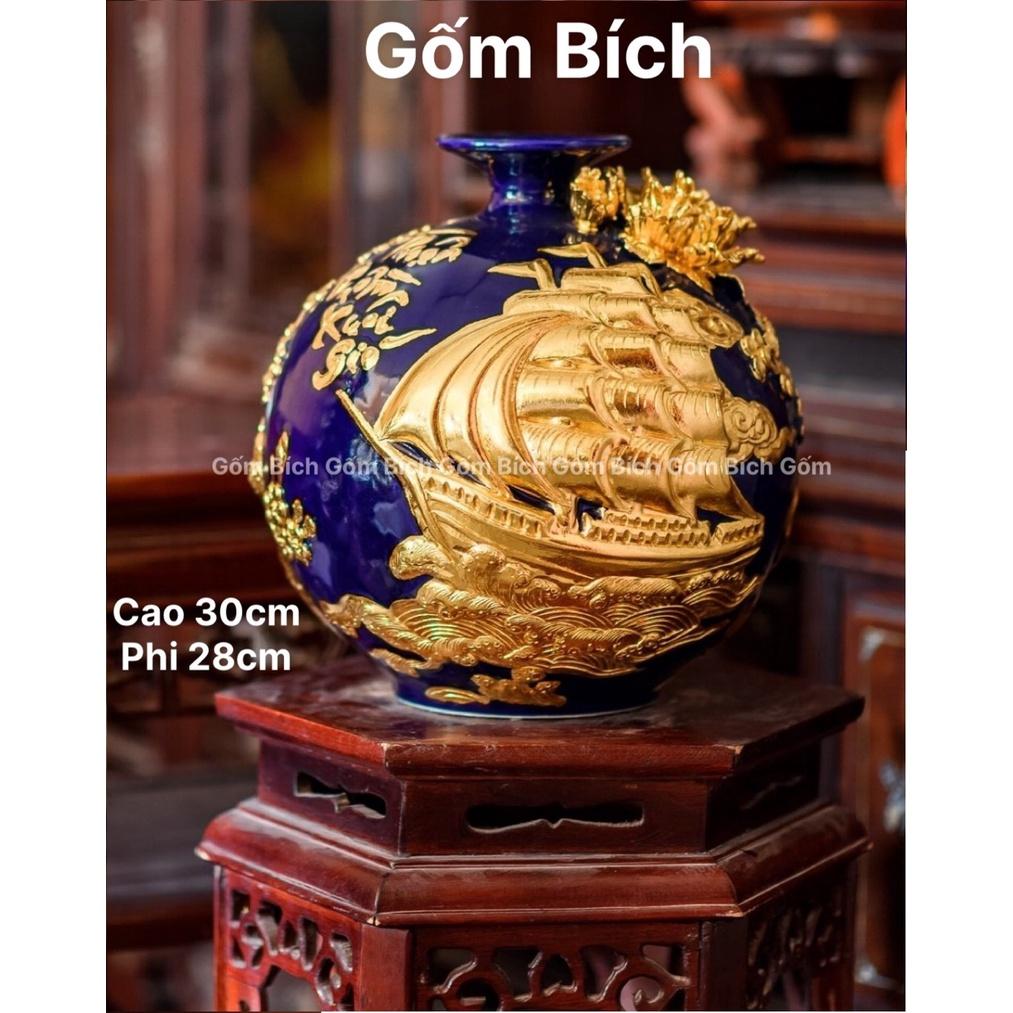 Bình Hút Tài Lộc Cao 30cm Thuận Buồm Xuôi Gió Đắp Nổi Dát Vàng Gốm Sứ Bát Tràng - Gốm Bích