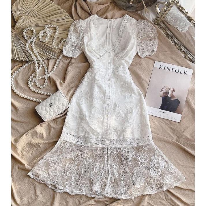 Đầm midi trắng ren hoa đuôi cá Fishy Dress