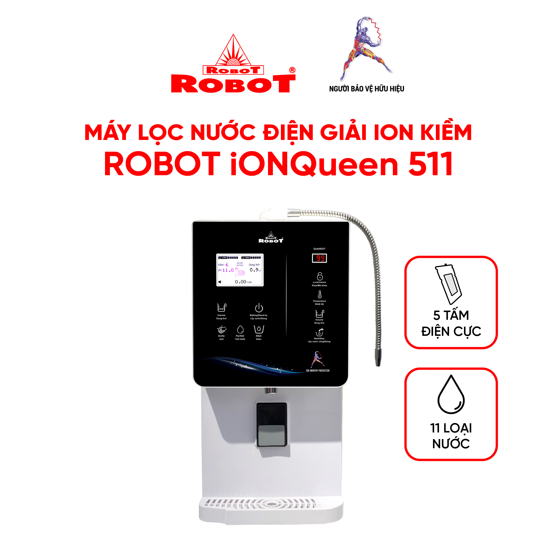 Máy Lọc Nước Điện Giải Ion Kiềm ROBOT IonQueen 511 Chế Độ Nóng Nguội Lạnh - 5 Tấm Điện Cực Titanium Phủ Platium