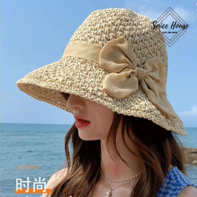 Nón mũ cói mềm đi biển rộng vành nữ có thể gấp gọn phong cách thời trang Hàn Quốc- Smice House