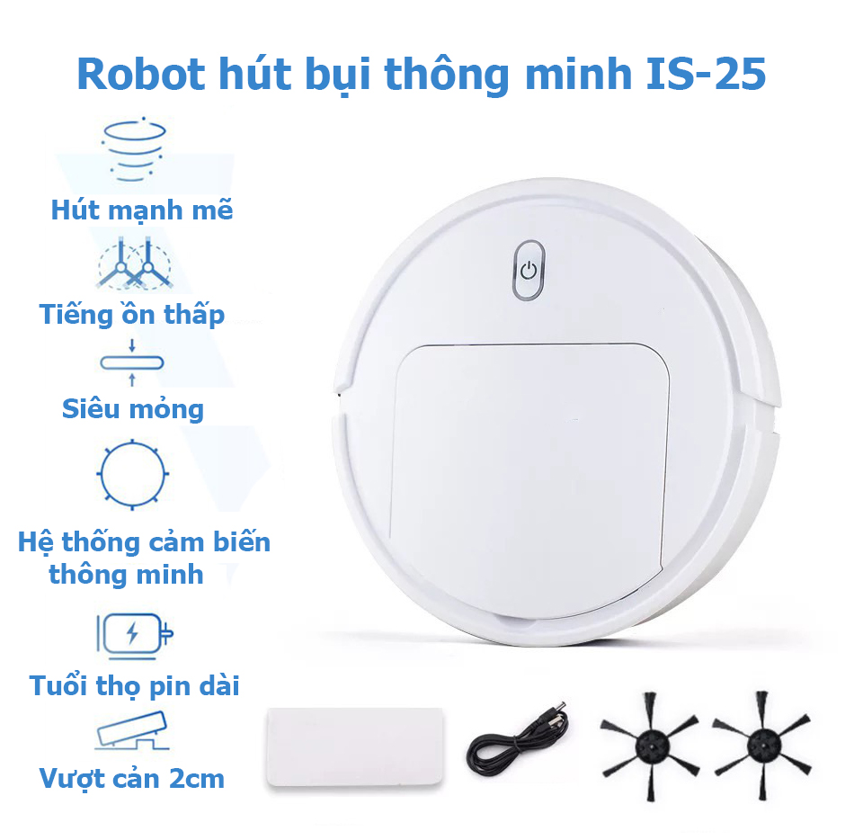 Robot hút bụi lau nhà thông minh IS-25 - Lực hút mạnh mẽ 1800PA - hoạt động êm ái - hút bụi mịn - Tuổi thọ pin dài -cảm biến chống va chạm.