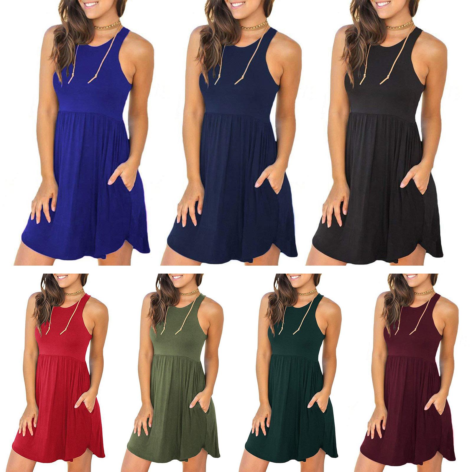 Women Solid Mini Dress with Pockets Sleeveless O-Neck Summer Casual Sundress
