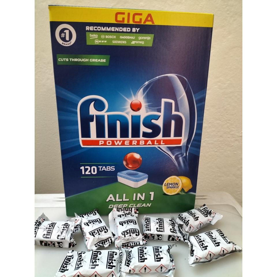 Viên rửa bát Finish All in one 120 viên phù hợp với các loại máy rửa bát 7-8-9-10-12-13-14-15 bộ