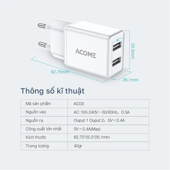 Củ sạc 2 cổng USB sạc nhanh 2.4A ACOME AC03 (White) - Hàng Chính Hãng
