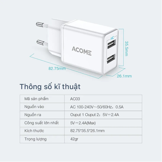 Củ sạc 2 cổng USB sạc nhanh 2.4A ACOME AC03 - Hàng Chính Hãng