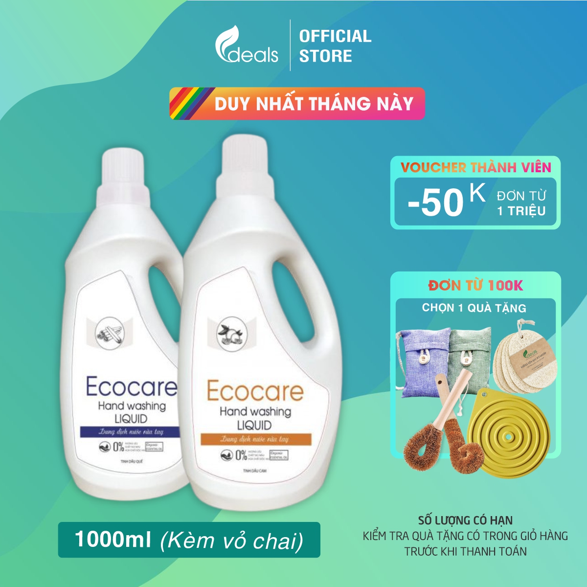 Nước Rửa Tay Bồ Hòn Hữu Cơ Ecocare 1 Lít - Sạch Khuẩn, Chăm Sóc Da Tay, Tinh Dầu Khử Mùi - Quế