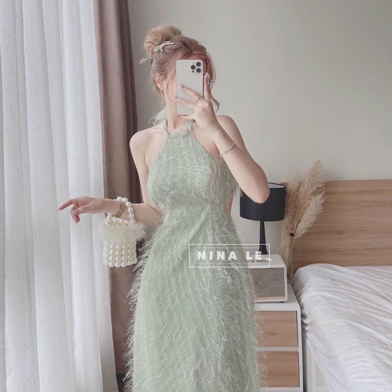 Đầm maxi lông vũ cổ yếm cột nơ xanh đen