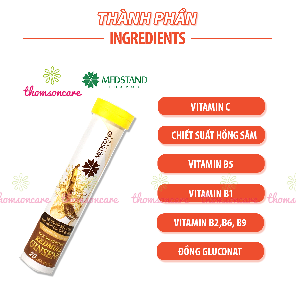 Viên sủi giảm mệt mỏi từ nhân sâm và vitamin - Redmull Ginseng medstand - Tuýp 20 viên tăng sức đề kháng